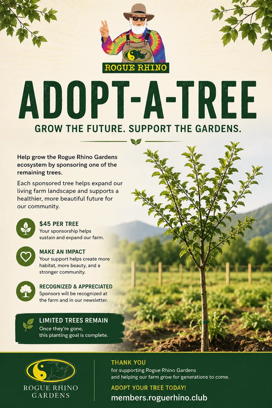 Adopt-a-Tree flyer for Rogue Rhino Gardens